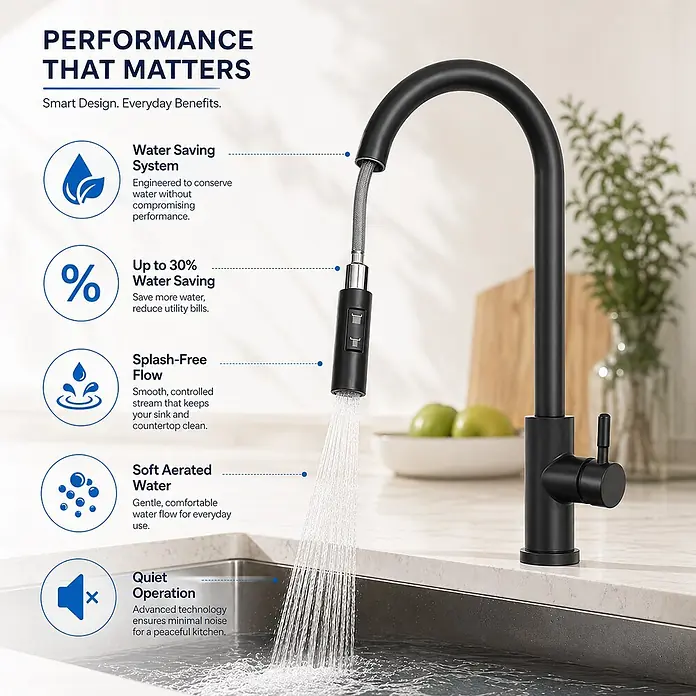 SONNENH Spültischarmatur SHP-BLACK-004 Schwarz -  - Ein mattschwarzer Auszieh-Küchenwasserhahn spendet Wasser in ein Edelstahlspülbecken und zeigt sein modernes Design und seine Funktion.