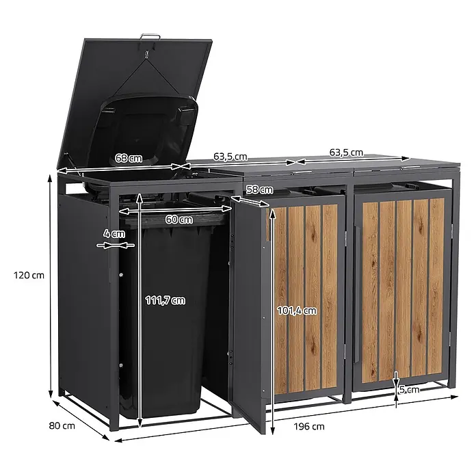 ML-Design Mülltonnenbox 3er 240L 196x80x120cm Anthrazit-Holzoptik -  - Dunkelgraue Mülltonnenbox aus Metall mit drei Fächern, zwei davon mit Holzoptik-Türen. Ein Deckel geöffnet, Mülltonne sichtbar.