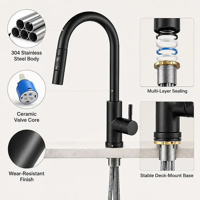 SONNENH Spültischarmatur SHP-BLACK-004 Schwarz -  - Mattschwarze Küchenarmatur mit 304 Edelstahlgehäuse, Keramikventilkern, Mehrfachdichtung, verschleißfester Oberfläche und stabiler Deck-Mount-Basis.