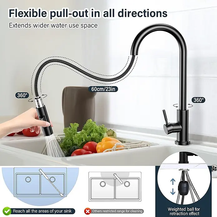SONNENH Spültischarmatur SHP-BLACK-004 Schwarz -  - Schwarzer Ausziehküchenhahn mit flexiblem Brausekopf und Gewichtsrückzug, beim Gemüsewaschen gezeigt. 60cm Auszug für große Reichweite.