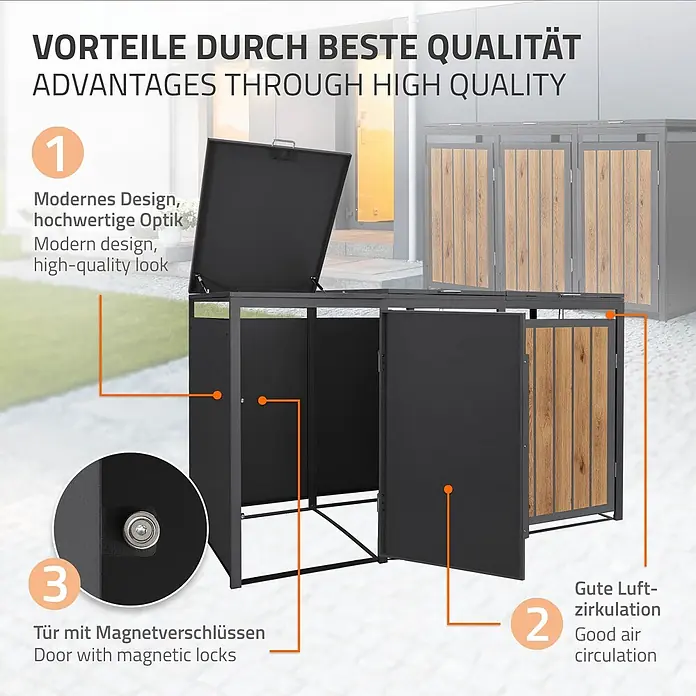 ML-Design Mülltonnenbox 3er 240L 196x80x120cm Anthrazit-Holzoptik -  - Schwarze Metall-Außenaufbewahrungsbox mit Holzlatten-Türen, Magnetverschlüssen und guter Luftzirkulation.