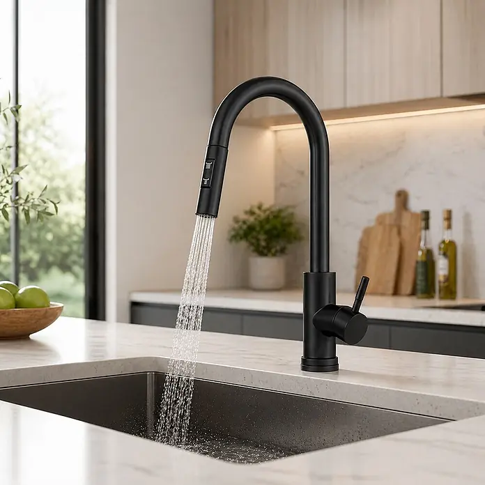 SONNENH Spültischarmatur SHP-BLACK-004 Schwarz -  - Mattschwarze Küchenarmatur mit Ausziehbrause, die Wasser in ein dunkles Spülbecken leitet.