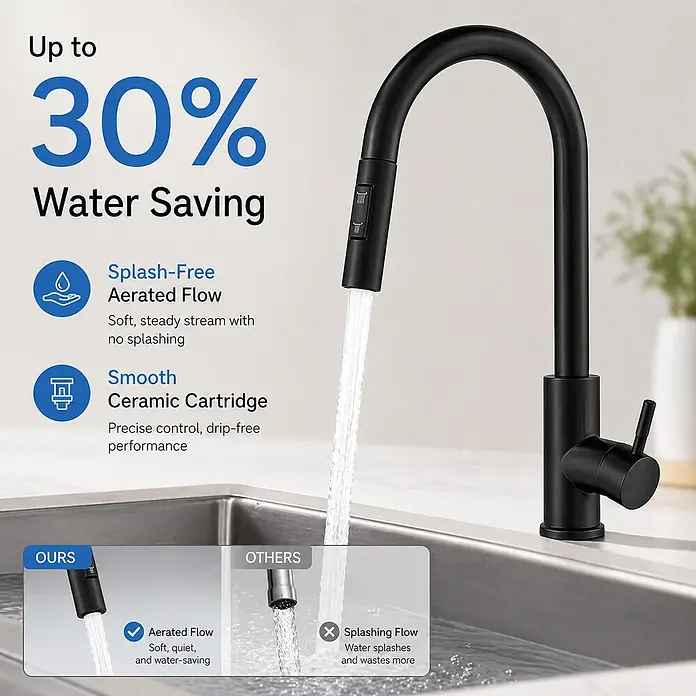 SONNENH Spültischarmatur SHP-BLACK-004 Schwarz -  - Mattschwarzer Küchenhahn mit ausziehbarer Brause, der belüftetes Wasser in ein Spülbecken leitet und Wassereinsparung hervorhebt.