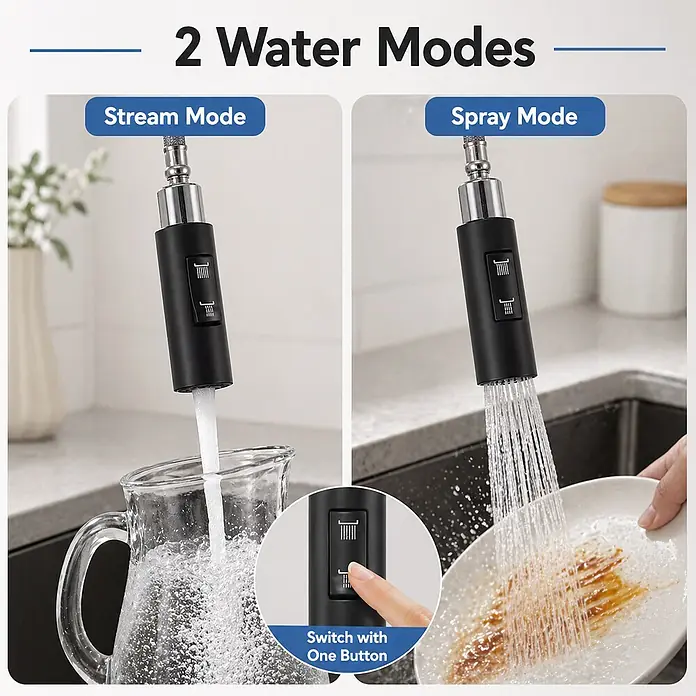 SONNENH Spültischarmatur SHP-BLACK-004 Schwarz -  - Schwarzer Wasserhahn-Sprühkopf zeigt Strahl- und Sprühwasser-Modi, umschaltbar per Taste an der Seite.