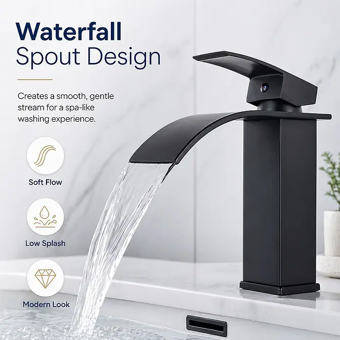 SONNENH Waschtischarmatur - Schwarz - Mattschwarzer Wasserfallhahn im Waschbecken, zeigt sanften Wasserfluss. Modernes Design für ein Spa-ähnliches Erlebnis.