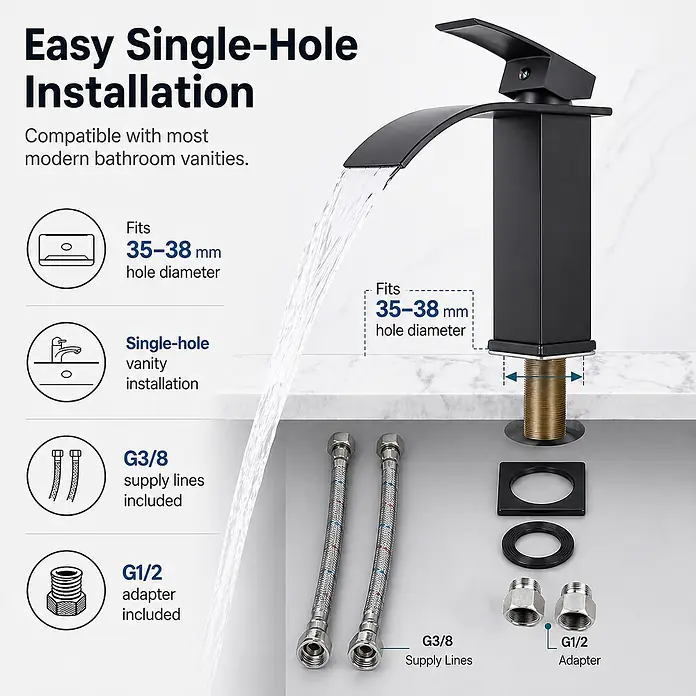 SONNENH Waschtischarmatur - Schwarz - Schwarze Wasserfall-Badarmatur mit Einlochmontage, inkl. G3/8-Versorgungsschläuchen und G1/2-Adapter. Passt für 35-38mm Lochdurchmesser.