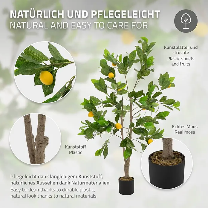 ML-Design Kunstpflanze Zitronenbaum Pflegeleichte Kunstbaum 130 cm für Innen & Außen im Topf - Blütenfarbe: Gelb, Kunststoff - Künstlicher Zitronenbaum mit Blättern und Früchten aus Kunststoff, Plastikstamm und echtem Moos im schwarzen Topf, naturgetreu & pflegeleicht.