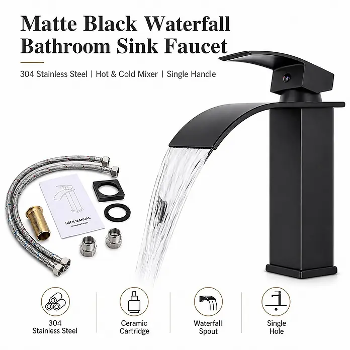 SONNENH Waschtischarmatur - Schwarz - Mattschwarzer Wasserfall-Badarmatur aus 304 Edelstahl mit Einhebelmischer, Keramikkartusche und Montagezubehör.