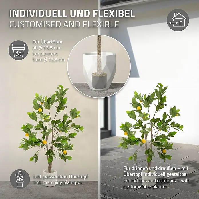 ML-Design Kunstpflanze Zitronenbaum Pflegeleichte Kunstbaum 130 cm für Innen & Außen im Topf - Blütenfarbe: Gelb, Kunststoff - Ein künstlicher Zitronenbaum mit grünen Blättern und gelben Zitronen in weißem Topf. Für drinnen und draußen, anpassbar an verschiedene Übertöpfe.