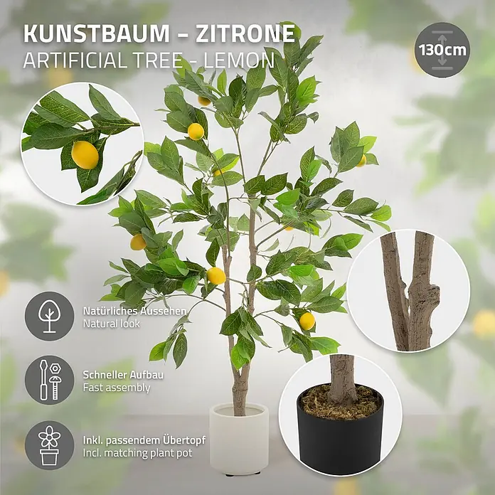 ML-Design Kunstpflanze Zitronenbaum Pflegeleichte Kunstbaum 130 cm für Innen & Außen im Topf - Blütenfarbe: Gelb, Kunststoff - Künstlicher Zitronenbaum, 130cm hoch, mit grünen Blättern, gelben Zitronen und weißem Topf zur Dekoration.