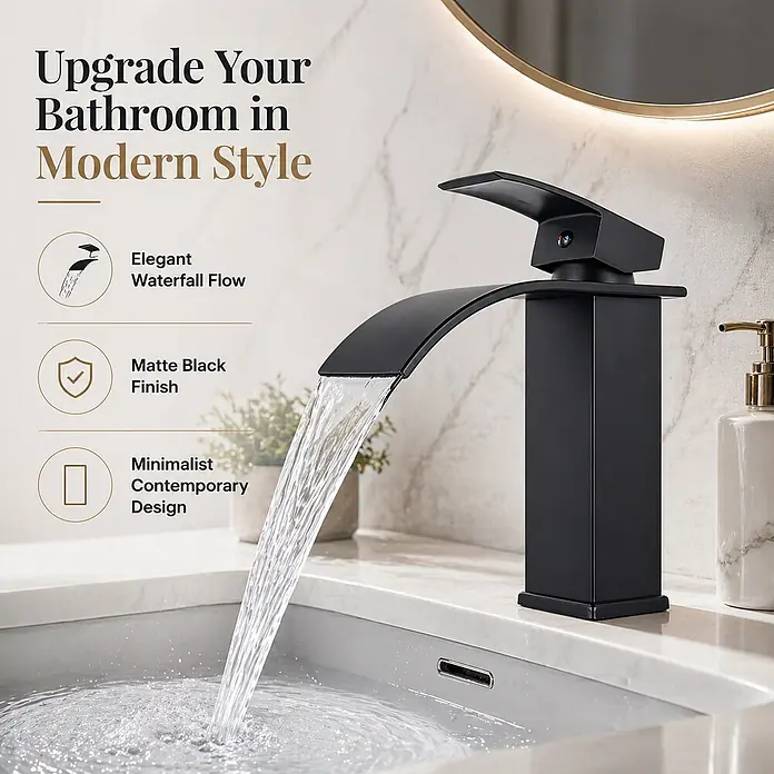 SONNENH Waschtischarmatur - Schwarz - Matt schwarze Wasserfallarmatur auf modernem Waschtisch, Wasser fließt elegant ins Becken.