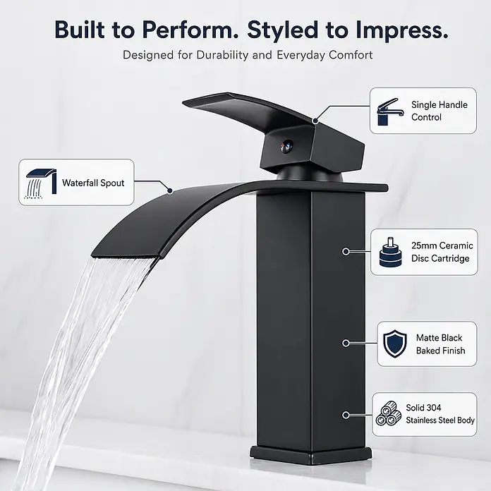 SONNENH Waschtischarmatur - Schwarz - Mattschwarzer Wasserfallhahn mit fließendem Wasser aus dem breiten Auslauf.