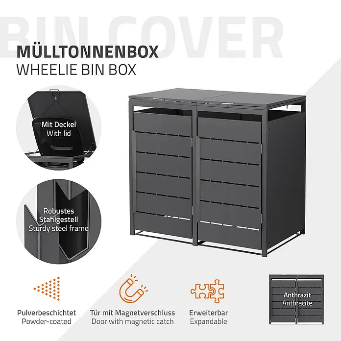 Mülltonnenbox 2er 240L 132x80x120 cm Anthrazit aus Stahl wetterfest -  - Anthrazitfarbene Mülltonnenbox aus pulverbeschichtetem Stahl mit robustem Rahmen, Deckel und Magnetverschluss, erweiterbar.