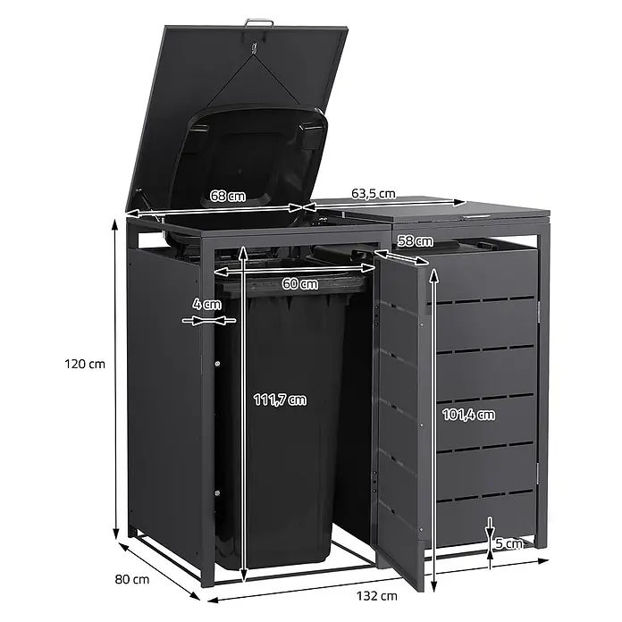 Mülltonnenbox 2er 240L 132x80x120 cm Anthrazit aus Stahl wetterfest -  - Schwarze Mülltonnenbox für draußen mit geöffnetem Deckel, zeigt Innenfächer und Maße.