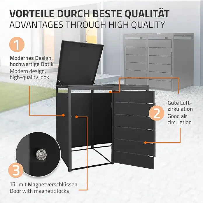 Mülltonnenbox 2er 240L 132x80x120 cm Anthrazit aus Stahl wetterfest -  - Schwarze Mülltonnenbox mit Lamellen, offener Klappe und Tür, zeigt gute Luftzirkulation, modernes Design und Magnetverschlüsse.
