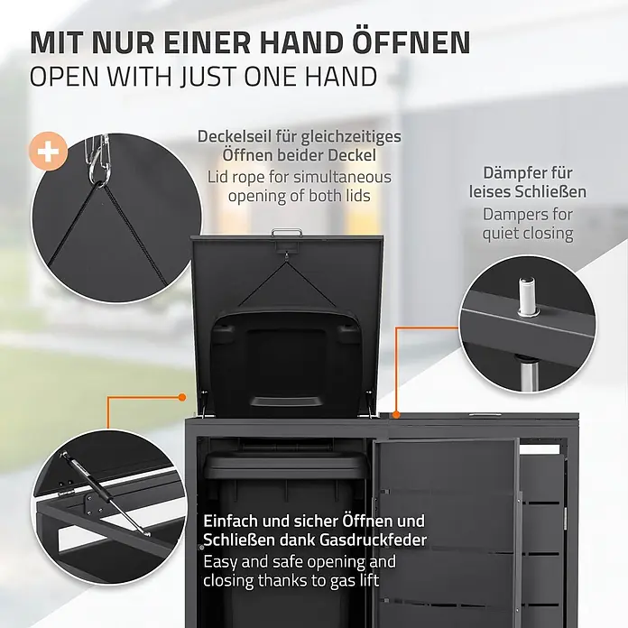 Mülltonnenbox 2er 240L 132x80x120 cm Anthrazit aus Stahl wetterfest -  - Dunkelgrauer Mülltonnenschrank mit offenem Deckel, zeigt Mülleimer im Inneren. Mit Gasfeder, Deckelseil und Dämpfern für einfaches, leises Öffnen.