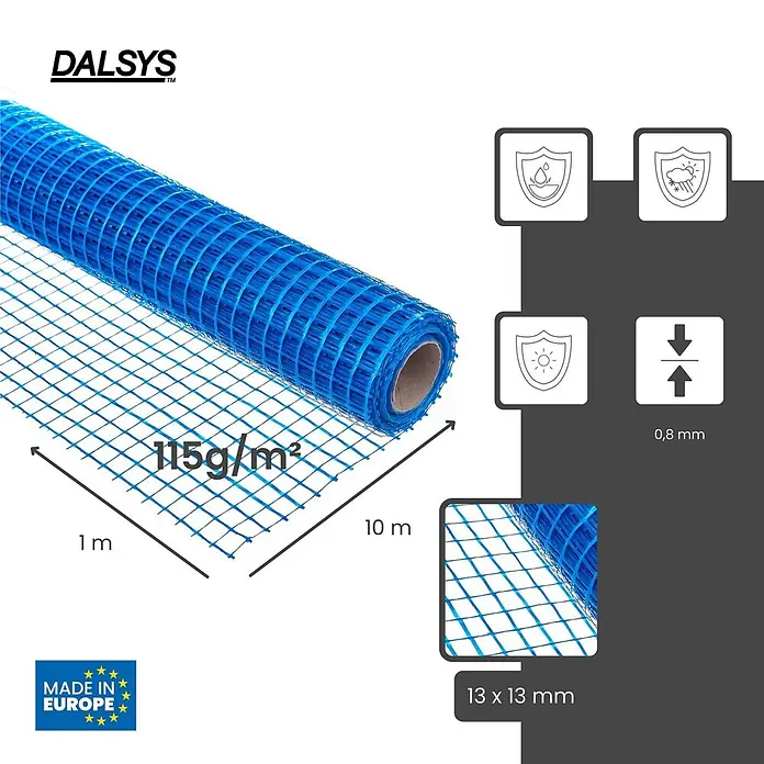 Dalsys Armierungsgewebe - 1 x 10 m, Glas - Blaue Glasfasergitterrolle, 1x10m, 115g/m², 13x13mm Maschenweite, 0,8mm dick, wasser-, witterungs- und UV-beständig.