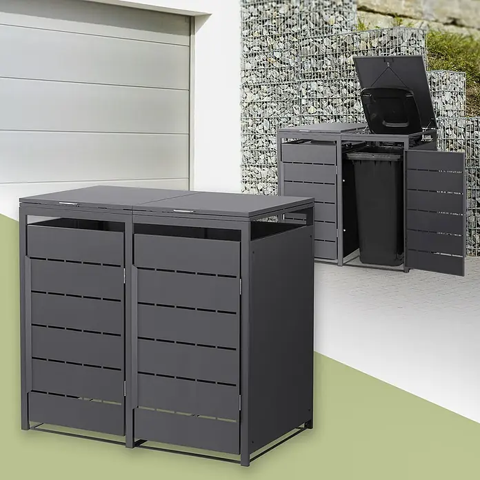 Mülltonnenbox 2er 240L 132x80x120 cm Anthrazit aus Stahl wetterfest -  - Dunkelgraue Mülltonnenbox aus Metall, eine geschlossen im Vordergrund, eine weitere geöffnet mit Tonne in Außenumgebung.