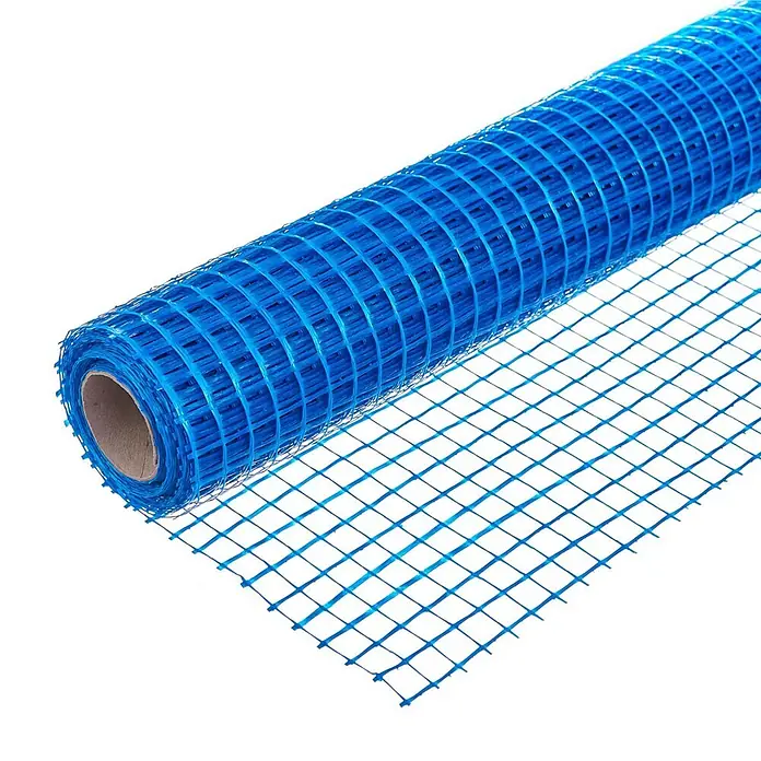 Dalsys Armierungsgewebe - 1 x 10 m, Glas - Rolle blaues Kunststoff-Armierungsgewebe, teilweise abgerollt.