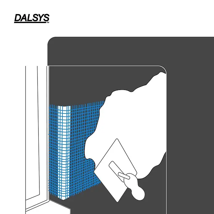 Dalsys Armierungsgewebe - 0,33 x 45 m, Glas - Blaues Armierungsgewebe wird mit einer Kelle und weißem Mörtel auf eine Mauerecke aufgetragen.