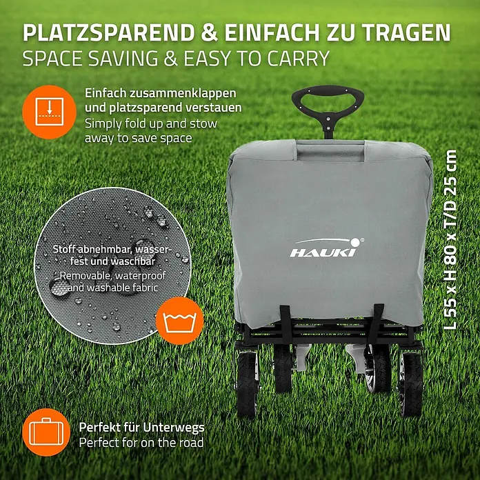 Bollerwagen faltbar mit Dach Grau XXL für Kinder Strand Picknick -  - Grauer faltbarer Bollerwagen mit abnehmbarem, wasserdichtem Stoff, Maße L55xH80xT25cm, platzsparend und leicht zu transportieren.