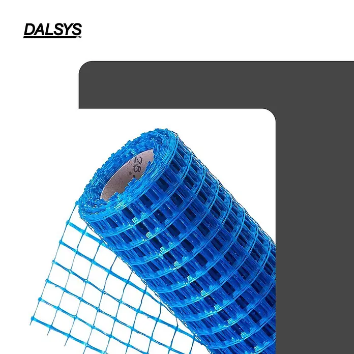 Dalsys Armierungsgewebe - 1 x 10 m, Glas - Gerolltes blaues Kunststoffnetz, das sein Gittermuster zeigt.