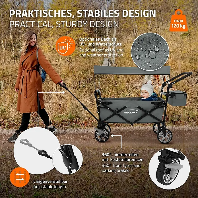 Bollerwagen faltbar mit Dach Grau XXL für Kinder Strand Picknick -  - Grauer klappbarer Bollerwagen mit Verdeck, von einer Frau gezogen, mit Kind darin, Funktionsmerkmale hervorgehoben.