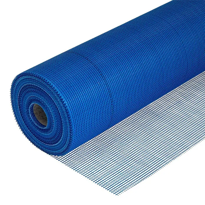 Dalsys Armierungsgewebe - 1 x 50 m, Glas - Rolle aus blauem Bewehrungsnetz mit sichtbarem Gittermuster.