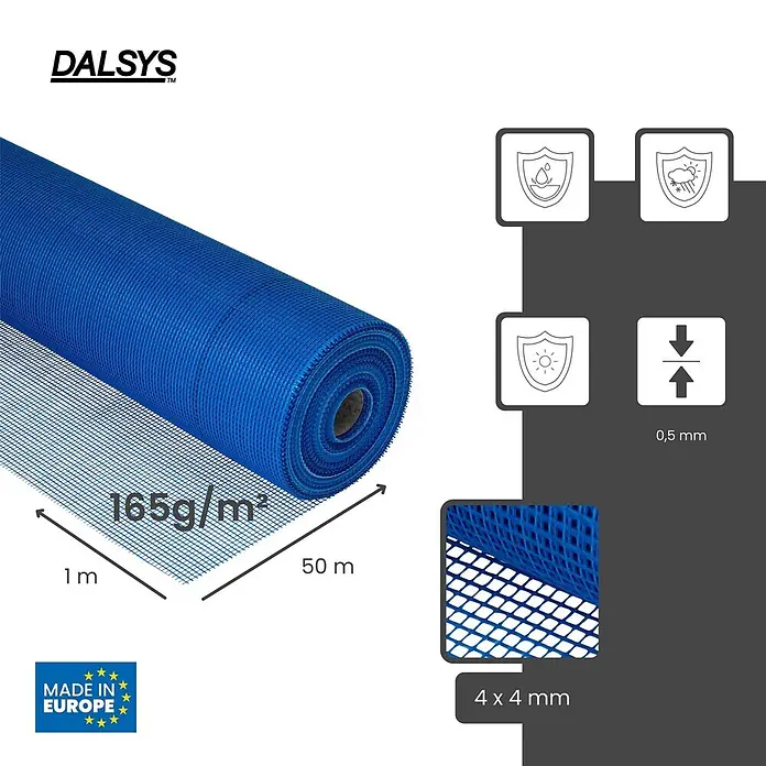 Dalsys Armierungsgewebe - 1 x 50 m, Glas - Blaues Glasfasergewebe auf Rolle, 1m x 50m, 165g/m², 4x4mm Maschenweite, 0,5mm dick. Wetter- und UV-beständig.
