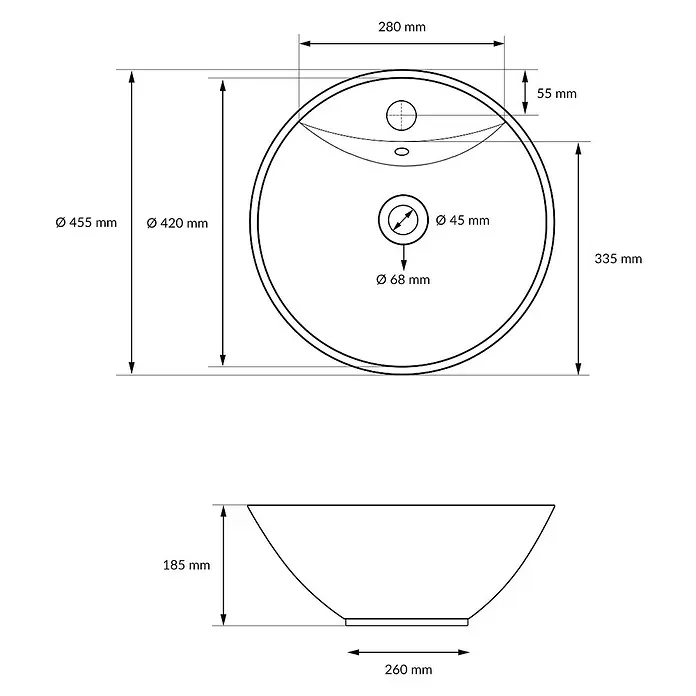 Waschbecken Ø 455 x 185 mm rund aus Keramik in Weiß -  - Technische Zeichnung eines runden Aufsatzwaschbeckens mit Maßen für Draufsicht und Seitenansicht, inklusive Ablauf und Überlauf.