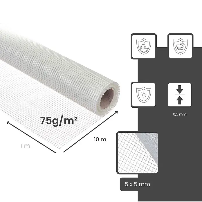 Dalsys Armierungsgewebe - 1 x 10 m, Glas - Rolle weißes Glasfasergewebe zur Armierung, 1m x 10m, 75g/m², mit 5x5mm Maschenweite und 0,5mm Dicke.