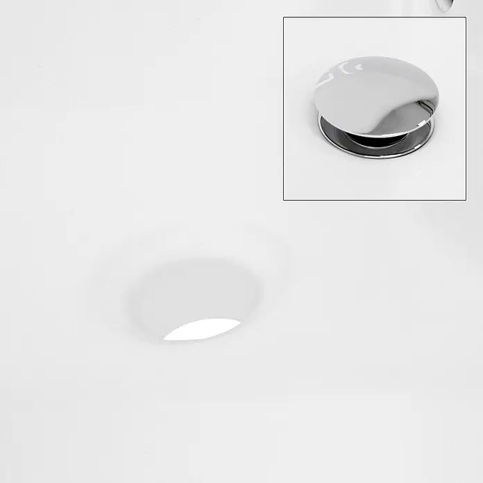 Waschbecken Ø 455 x 185 mm rund aus Keramik in Weiß -  - Glänzender Chrom-Push-Open-Ablaufstopfen in einem sauberen weißen Waschbeckenabfluss.