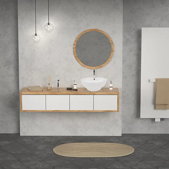 Waschbecken Ø 455 x 185 mm rund aus Keramik in Weiß -  - Modernes Badezimmer mit Holzwaschtisch, weißem Aufsatzwaschbecken und rundem Spiegel.
