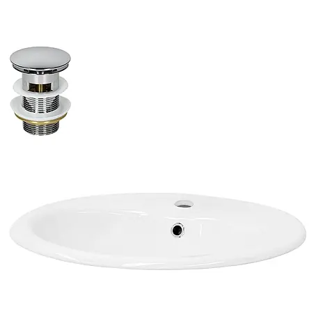 Waschbecken Keramik Weiß 57x19,5x48,5 cm Oval & Ablaufgarnitur Silber