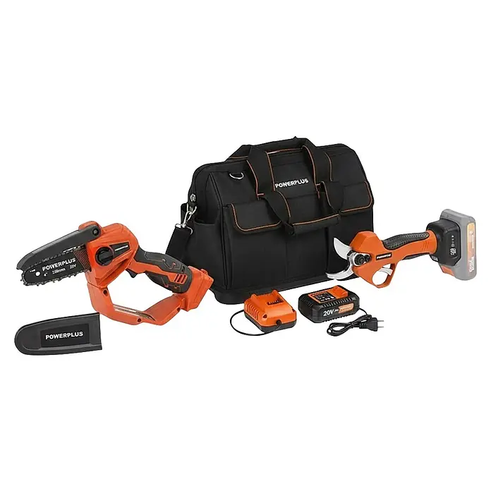 PowerPlus Tijeras para podar de batería + Motosierra - 20 V, 1 batería, 2 Ah, Grosor de rama máx.: 30 mm - Set Powerplus inalámbrico naranja y negro de motosierra pequeña y tijeras de podar con bolsa, batería y cargador.