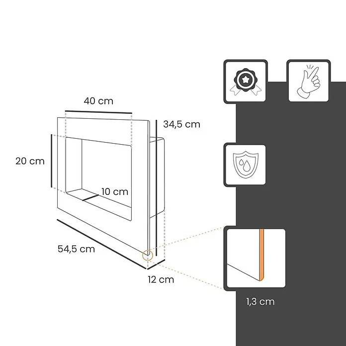 Protektor CW-Standprofil Wandnische 20 x 40cm befliesbar - 200 x 400 x 120 mm - Technische Zeichnung einer rechteckigen Nische oder Regals mit Außenmaßen 54,5x34,5x12 cm und Innenmaßen 40x20x10 cm, mit 1,3 cm Wandstärke.