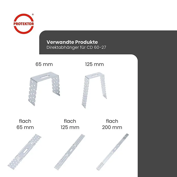 Protektor Montagezubehör für Trockenbau 100x Direktabhänger 65mm Deckenabhänger für CD Profil 60/27 Silber -  - Metallene Direktabhänger für CD-Profile in verschiedenen Längen (65, 125, 200 mm) und Formen, silberfarben.