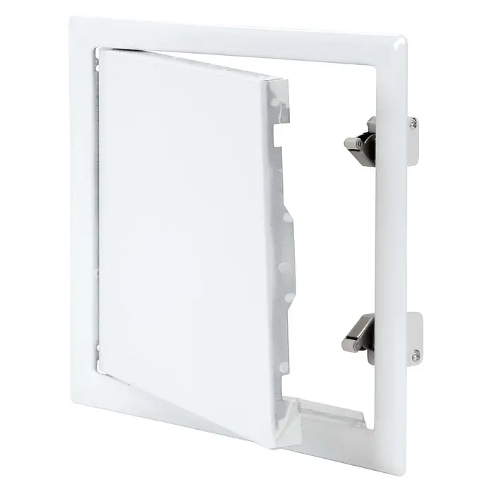 Protektor Montagezubehör für Trockenbau 20cm x 20cm Revisionsklappe Stahl Schnappverschluss Weiß -  - Weißer Revisionsklappe mit halb geöffneter Tür, die zwei Metallscharniere zeigt.
