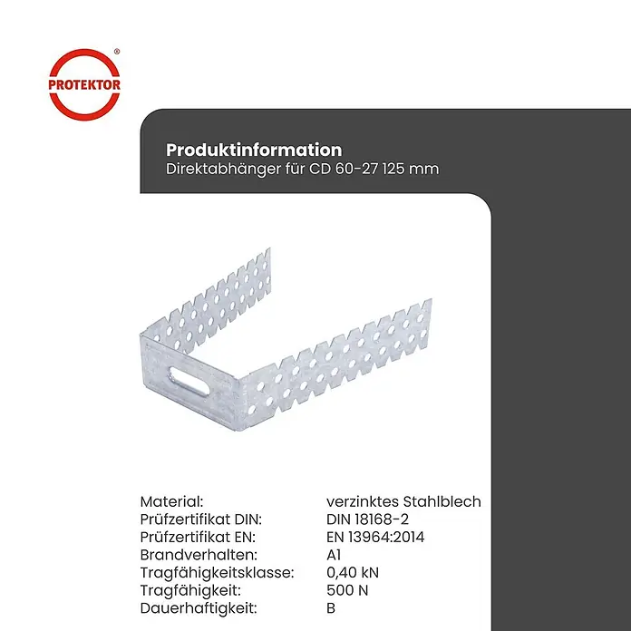 Protektor Montagezubehör für Trockenbau 100x Direktabhänger 125mm Deckenabhänger für CD Profil 60/27 Silber -  - Verzinkter Direktabhänger aus Stahlblech für CD 60-27 Profile, 125 mm.