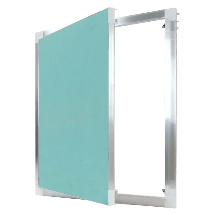 Protektor Montagezubehör für Trockenbau 50cm x 50cm Revisionsklappe Alu Rahmen 12mm GK-Einlage Silber -  - Teilweise geöffnete Revisionsklappe mit grüner Gipskartonplatte und silbernem Aluminiumrahmen.