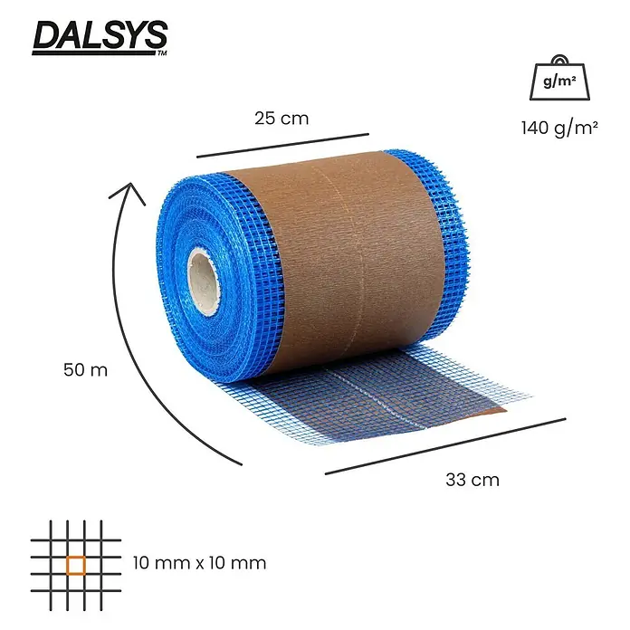 Dalsys Gitterbewehrungsstreifen Balkenfix 50m x 33cm, 140 g/m², 10 x 10mm - L x B: 50.000 x 330 mm - Blaue Glasfasernetzrolle, 25 cm breit, 50 m lang, mit 10x10 mm Maschen und 140 g/m² Dichte.