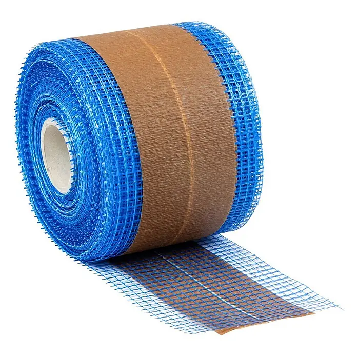 Dalsys Gitterbewehrungsstreifen Balkenfix 50m x 20cm, 140 g/m², 10 x 10mm - L x B: 50.000 x 200 mm - Rolle blaues Glasfasergewebeband mit braunem Klebestreifen, für Trockenbau oder Putzreparatur.