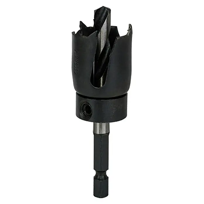 Craftomat Lochsäge - 25 mm, Durchmesser Schaft: ¼″ Hex - Das Bild zeigt eine Lochsäge, ein Werkzeug zum Bohren großer Löcher in verschiedene Materialien. Die Lochsäge ist schwarz mit einem silbernen Zentrierbohrer.