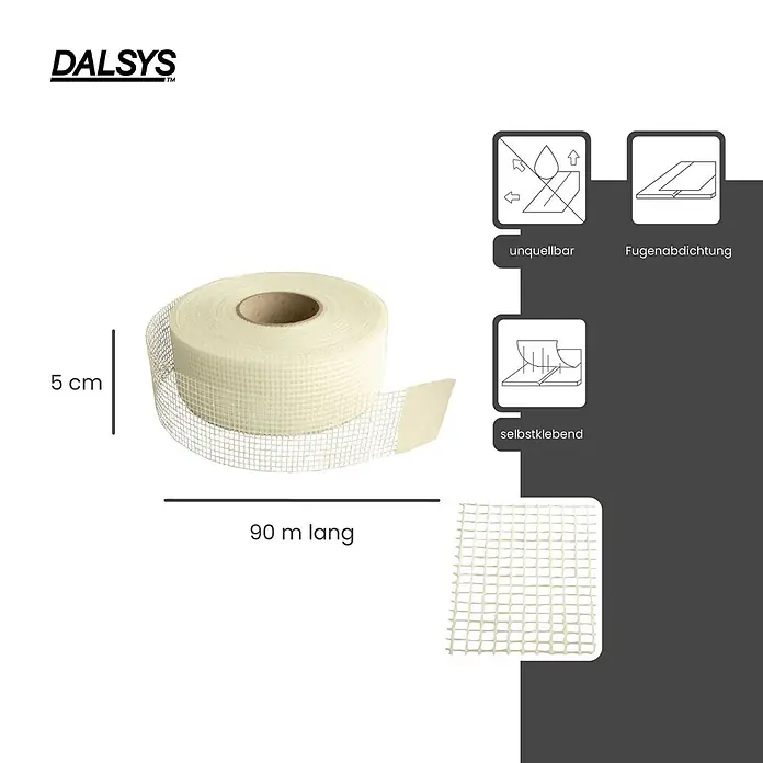 Dalsys Fugenband 90m Gewebeband 5cm, für Innenbau Weiß - 90.000 x 50 mm - DALSYS selbstklebendes, quellungsarmes Armierungsgewebeband in Hellbeige, 5 cm breit und 90 m lang, zur Fugenabdichtung.