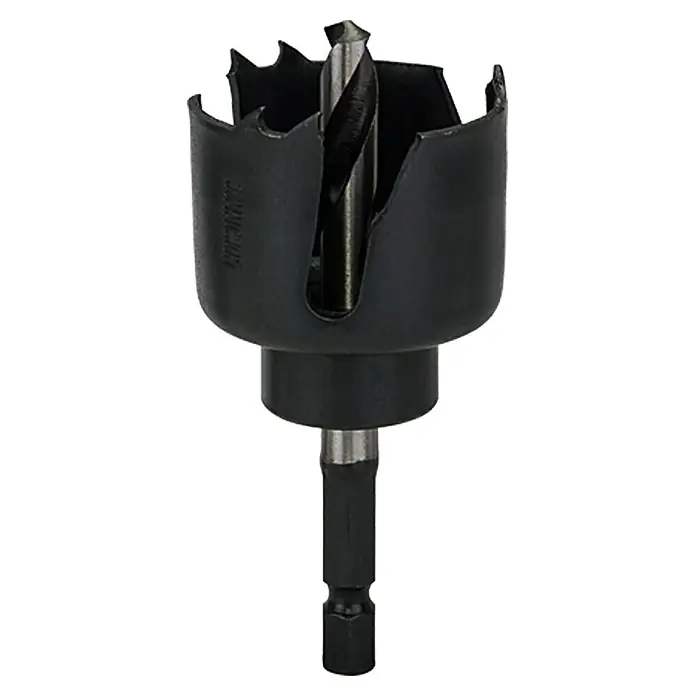 Craftomat Lochsäge - 38 mm, Durchmesser Schaft: ¼″ Hex - Ein schwarzer Lochsägenaufsatz mit Zentrierbohrer für Bohrmaschinen, ideal zum Erstellen präziser Löcher in verschiedenen Materialien.