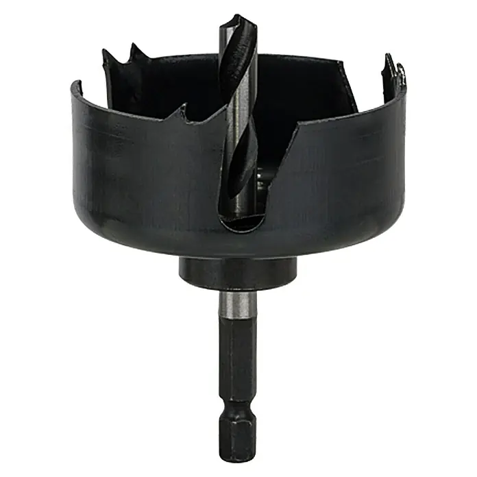 Craftomat Lochsäge - 60 mm, Durchmesser Schaft: ¼″ Hex - Ein Detailaufnahme eines Lochsägen-Bit-Sets in Schwarz und Silber, ideal für präzise Bohrarbeiten in verschiedenen Materialien.
