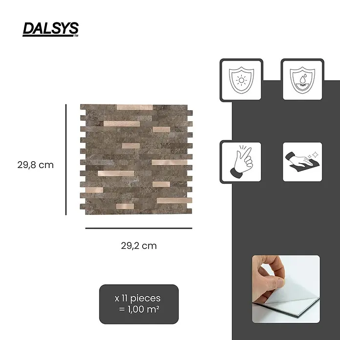 Dalsys Wandfliese 1m² Selbstklebende Fliesen Marmor- und Steinoptik 11 Stück Braun Gold - 29,2 x 29,8 cm, Braun - Selbstklebende Mosaikfliesen in braun-beigem Steinoptik. Maße 29,8x29,2 cm, 11 Stück/1m².