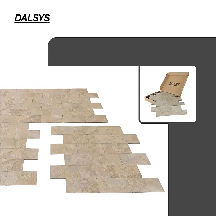 Dalsys Wandfliese 1m² Selbstklebende Fliesen Stein- und Marmor Optik 11 Stück Sand - 29,3 x 28,9 cm, Beige - DALSYS selbstklebende Steinfliesen ausgelegt, dazu eine offene Fliesenpackung.