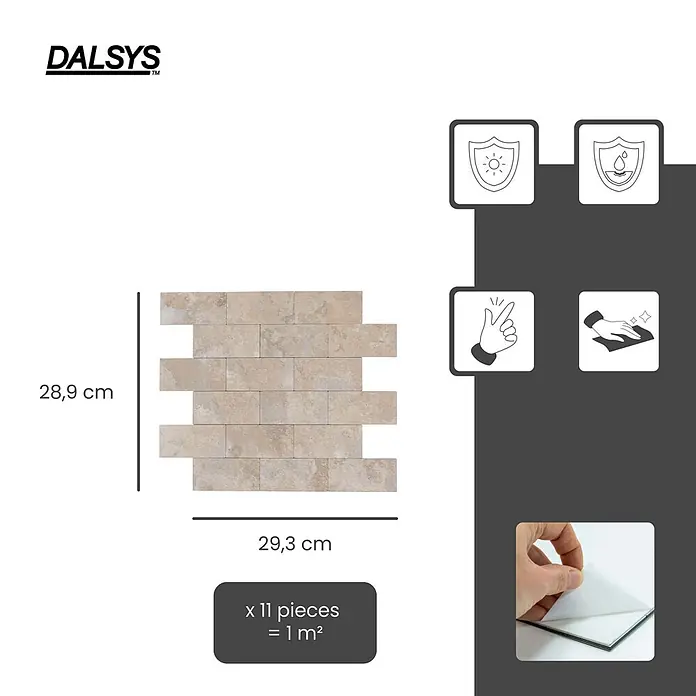 Dalsys Wandfliese 1m² Selbstklebende Fliesen Stein- und Marmor Optik 11 Stück Sand - 29,3 x 28,9 cm, Beige - Selbstklebende hellbeige Steinmosaikfliese (28,9x29,3cm) mit UV/Wasserschutz, einfacher Montage/Reinigung. 11 Stück decken 1m² ab.