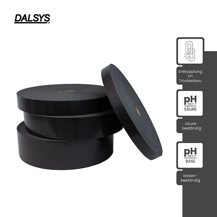 Dalsys Trennwandband 30m Abdeckband selbstklebend 95mm Schwarz - 30.000 x 95 mm - Schwarze Rollen säure- und basenbeständiges Band zur Entkopplung im Trockenbau.